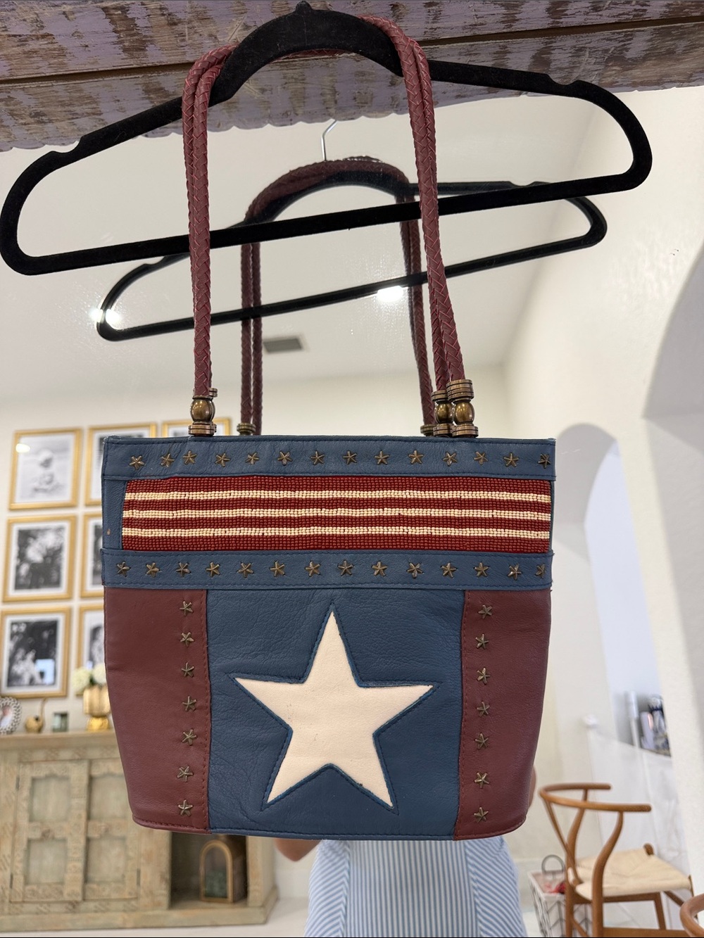 Vintage 100% Leather Red, Blue & White Star Tote with beaded details